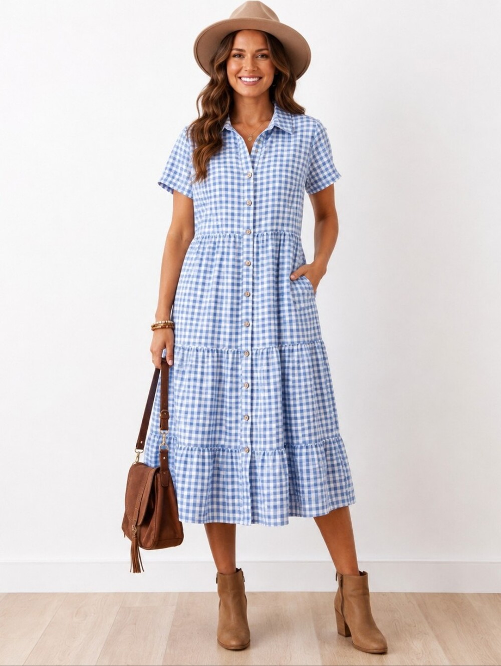 Vaiaye Blue Gingham Tiered Shirt Dress Cottagecore Prairie Small